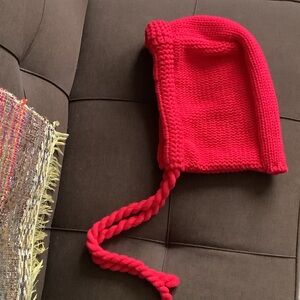 Red Wool Crochet Hood Winter Hat Handmade